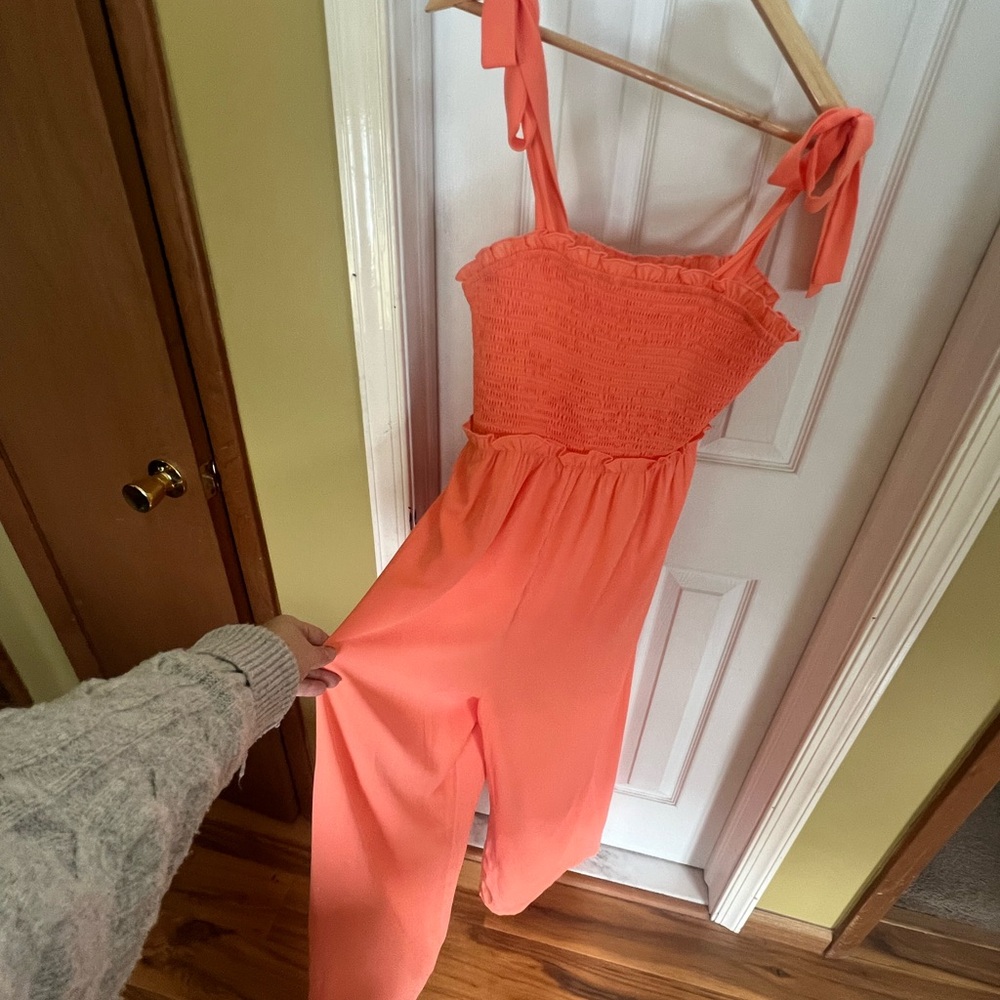 Pink Lily Vibrant Coral Ruffled Jumpsuit